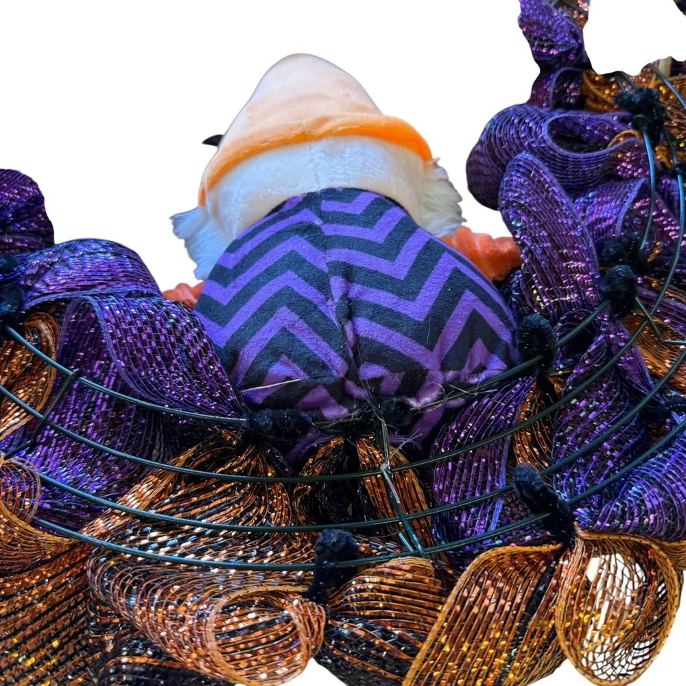 Halloween Mesh Wreath with Gnomes – Purple, Orange & Black Ribbon – 22″